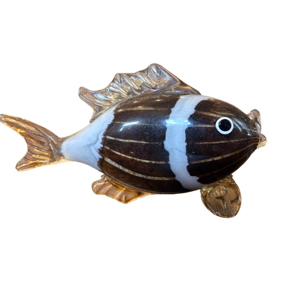 Vintage Art Glass Fish Figurine Brown White Striped Gold Aventurine Decor